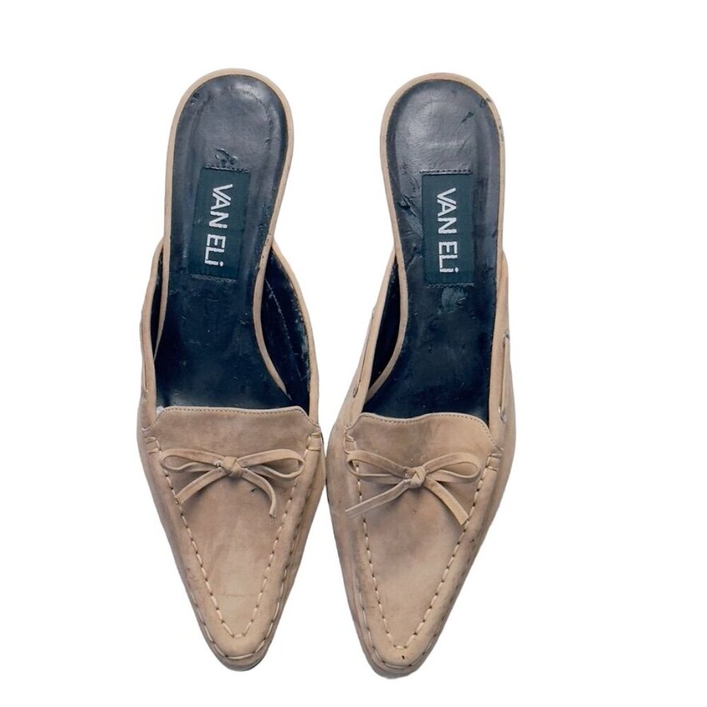 VAN ELI Womens Shoes Beige Suede Leather Kitten Heel Mules Moccasin Look Size 7M - Picture 11 of 13
